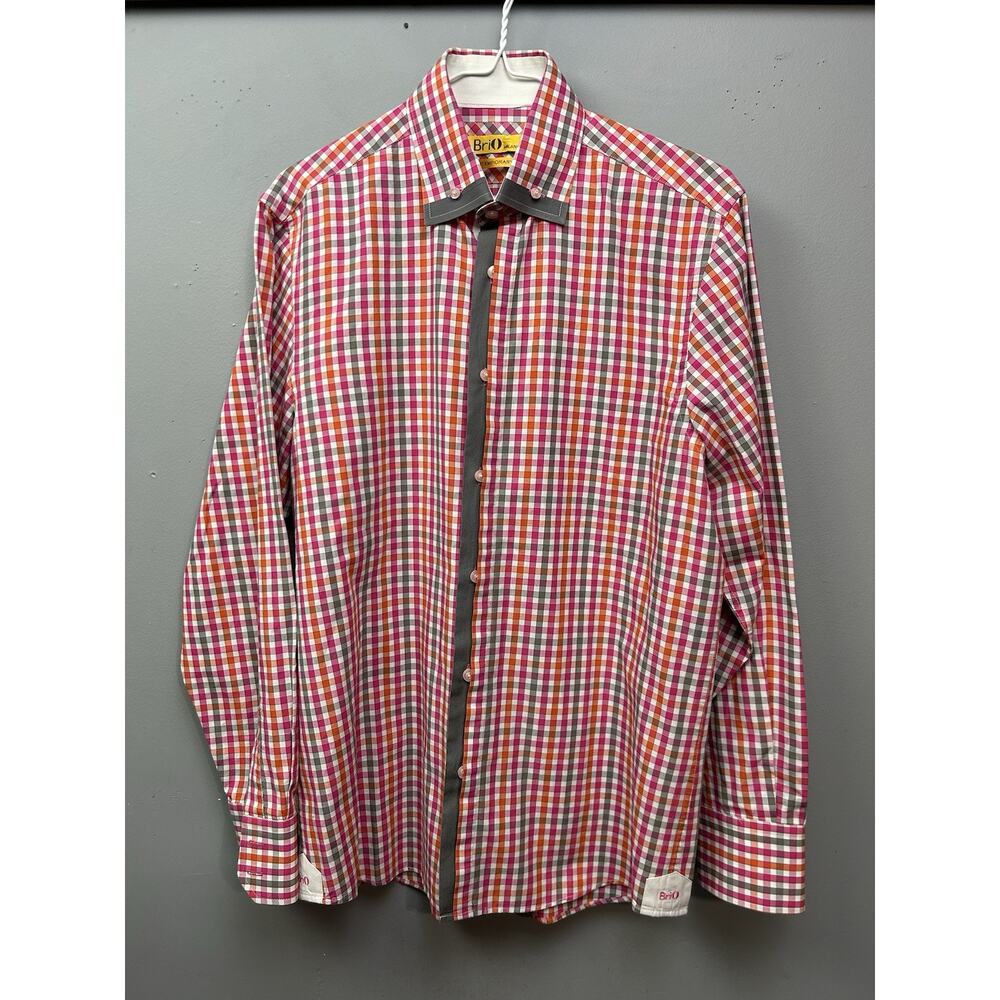 Brio Milano Shirt Mens Medium 16.5 Pink & Gray Plaid Button Up Contemporary Fit